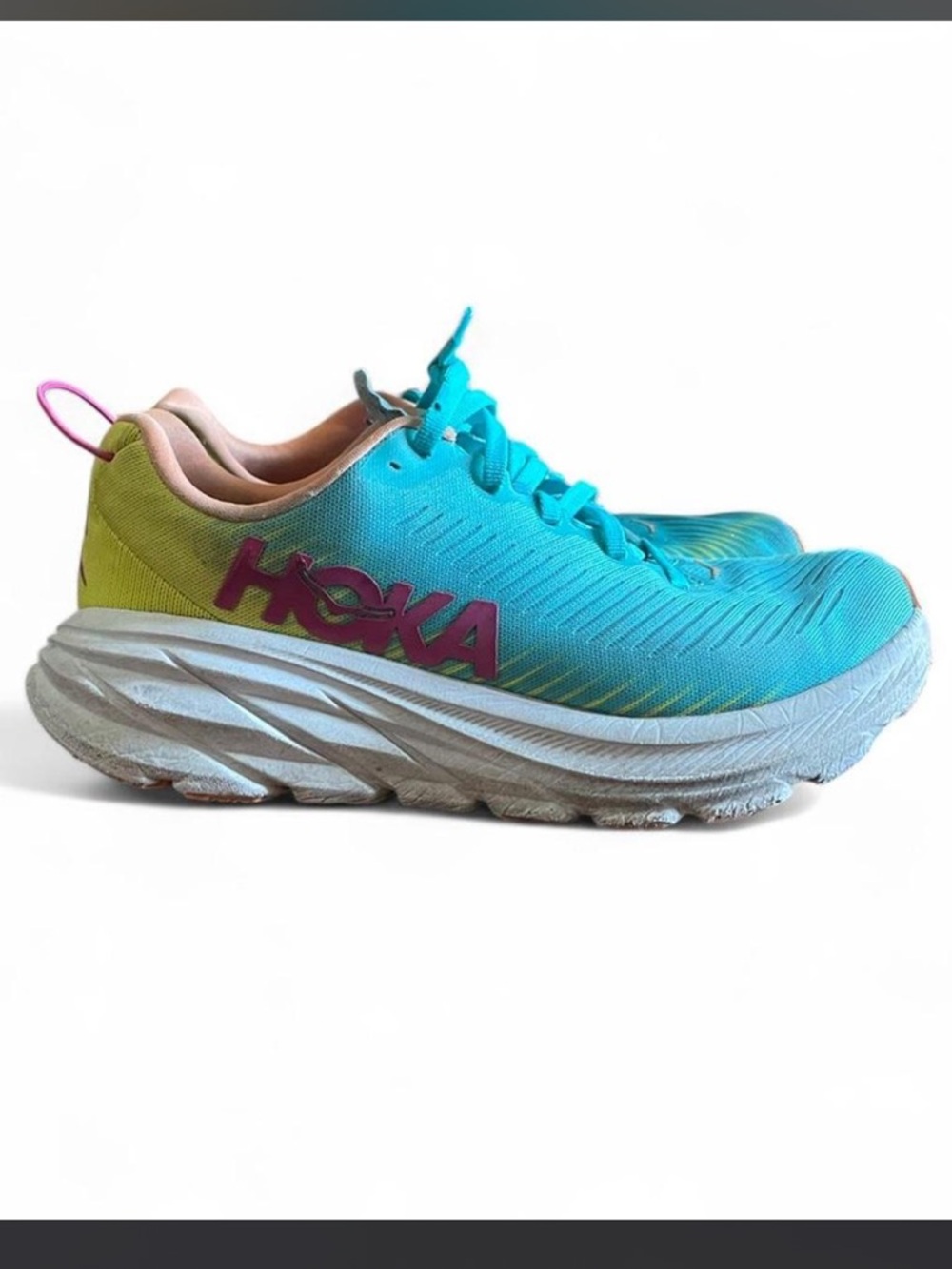 Hoka Woman Turquoise & Yellow Athletic Sneaker with Pink Logo